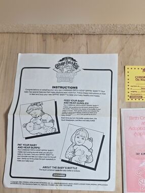 Vintage Cabbage Patch Kids Sippin Babies Papers Certificate Instructions Lot